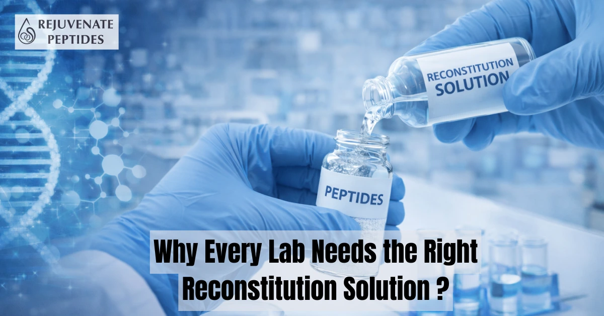 Lab researcher pouring reconstitution solution into peptide vial