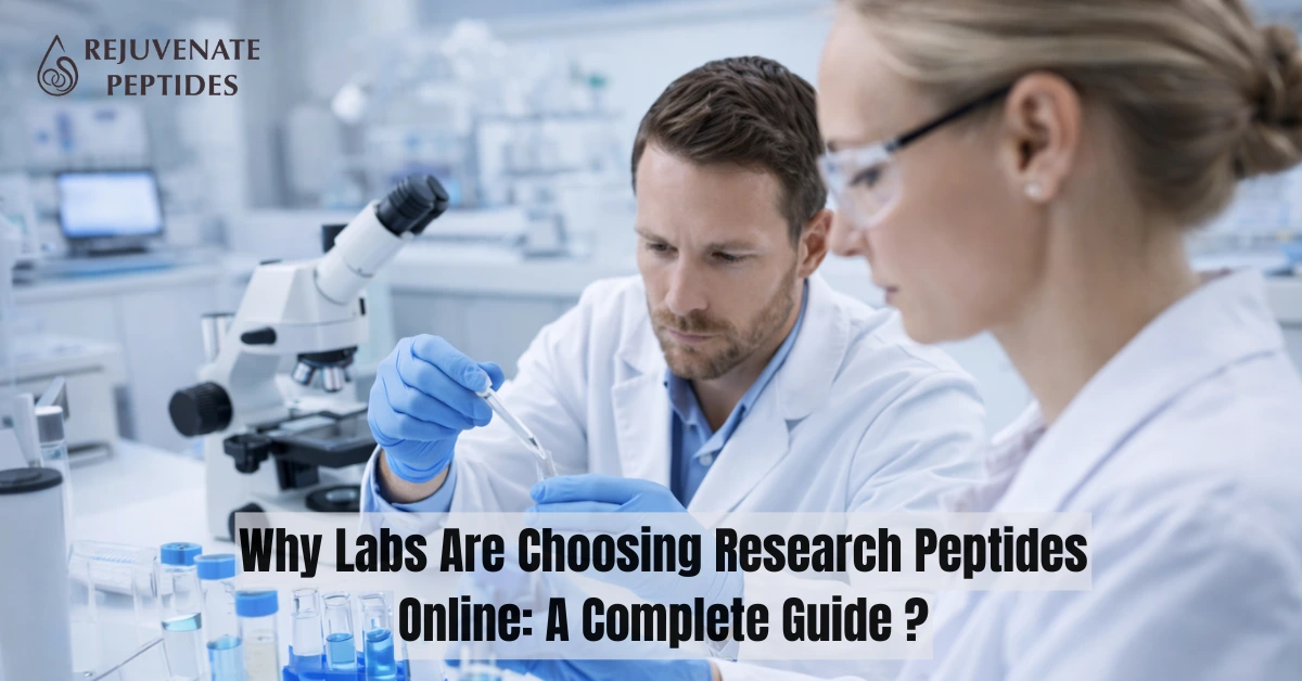 Two scientists conducting research peptides online laboratory study